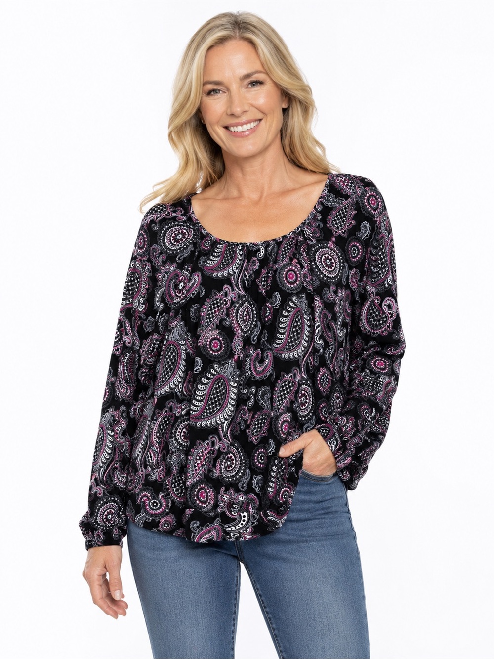 Michael Kors Black & Pink Paisley Scoop-Neck Long Sleeve Blouse